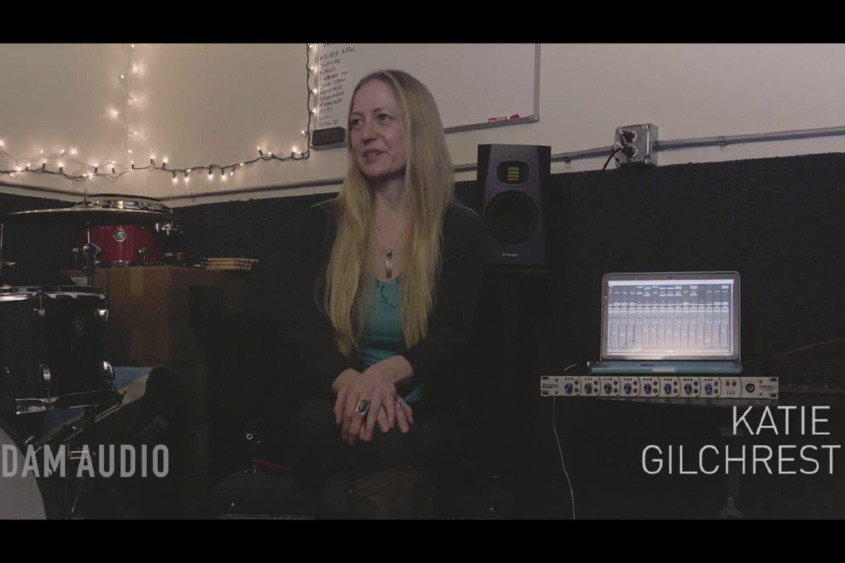 Musician and Producer Katie Gilchrest in her studio with her ADAM Audio T7V studio monitors